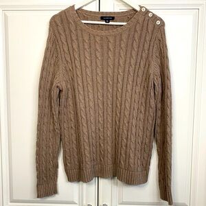 Lands’ End Women’s Size 14W Brown Cable Knit Crew Neck Sweater Button Detail